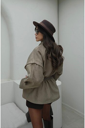 FMN Collection Women Loose Fit Drawstring Waist Fitted Single Button Big Lapel Design Nubuck Suede Fabric Coat Jacket