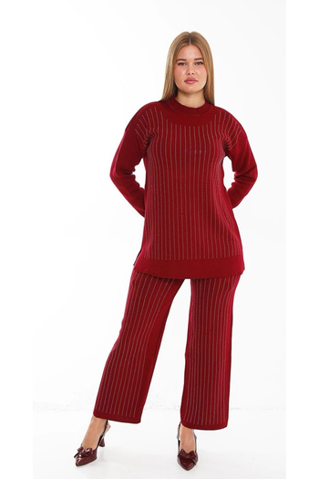 AZRA BUTİK Ön Taşlı Knitwear Set Claret Red