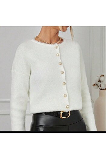 tülaybutik Women's Winter Buttons Soft Cardigan with Stone Details