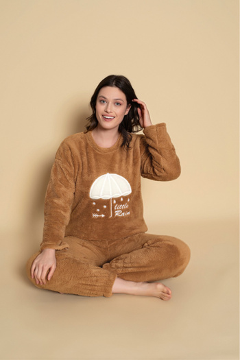 embody Lady's cocolino polar fleece pyjamas, fluffy and warm, brown 477