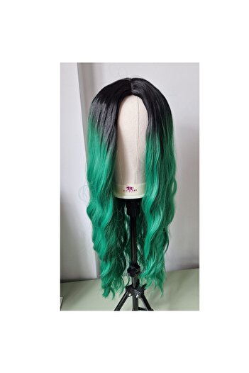 animis beauty Long Green wig, synthetic fiber with a look, long wavy hair, without bangs, 65 cm