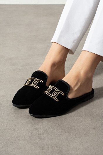 FUGA MODA Alora Black Gold Buckle Velvet Textured Elegant Engagement Dowry Gift Set Guest House Slippers