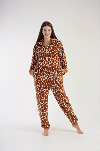 embody Women's full pyjama, dungarees, fluffy, with zip and hood, brown