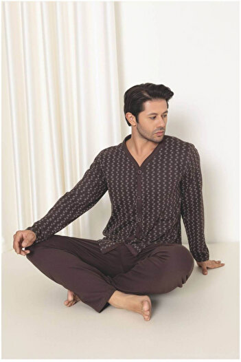 embody Men's cotton buttoned pyjamas, large size, with sleeves and long trousers brown 3013