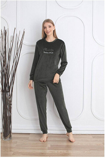 embody Lady's velour pyjamas, soft and delicate material, plain print, powder khaki 58