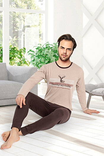embody Men's cotton pyjamas, with sleeves and long trousers, change no thing print, brown 600