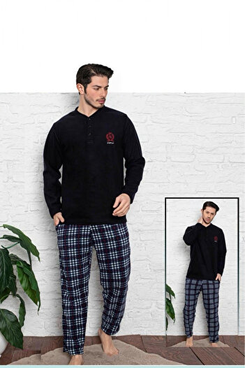 embody Men's cocolino pyjamas, soft and warm fleece, with pockets, navy blue 7212