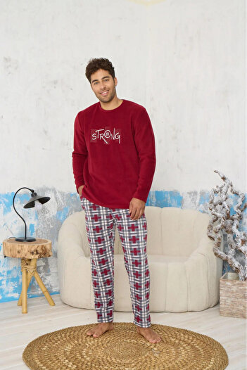 embody Cocolino men's Christmas gift pyjamas with pockets, warm and fluffy, strong, burgundy/grey 9609
