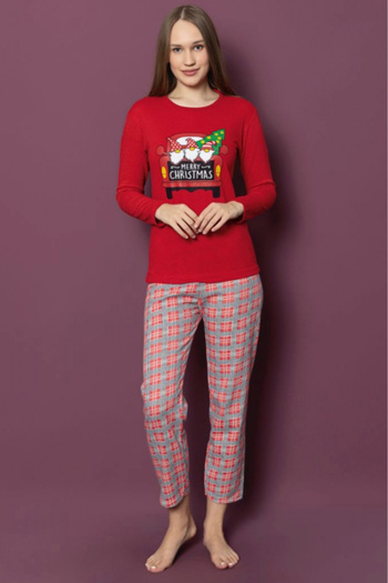 embody Women's wadded cotton pyjamas with Christmas print, Merry Christmas, red 14564