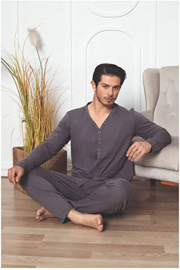embody Men's cotton buttoned pyjamas, large size, with sleeves and long trousers, grey 3004