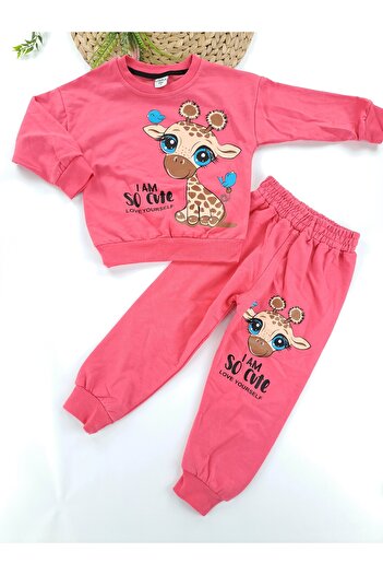 Butik Girl's Cute Giraffe Printed Seasonal 2 Thread Non-Shardon Double Set
