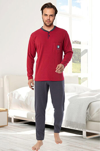 embody Men's interlock cotton pyjamas, long trousers sleeves, plain print, burgundy 8055