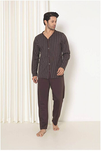 embody Men's cotton buttoned pyjamas, large size, with sleeves and long trousers brown 3013