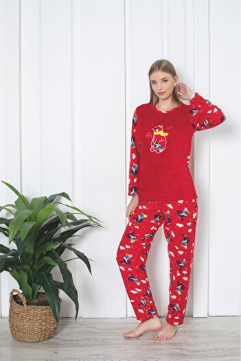 embody Women's cocolino pyjamas, Christmas teddy bear print, red 315