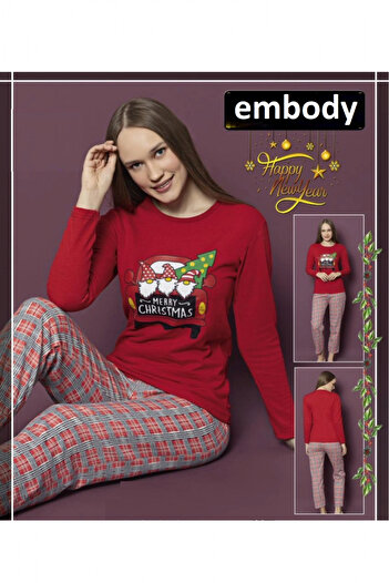 embody Women's wadded cotton pyjamas with Christmas print, Merry Christmas, red 14564