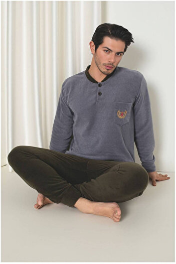 embody Men's cocolino fleece pyjamas, fine, delicate and soft, grey/brown 1046