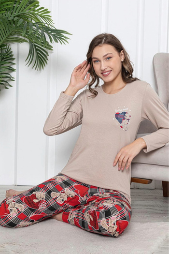 embody Women's cotton pyjamas, teddy bear print with hearts, beige 104