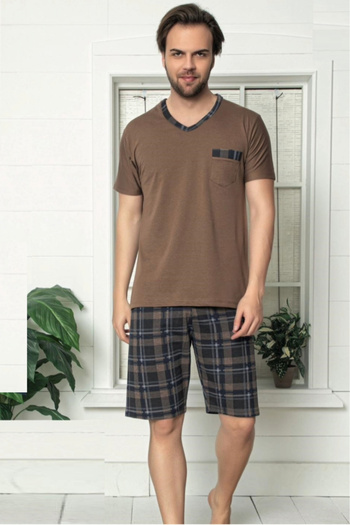 embody Men's premium cotton pyjamas, sleeves and shorts, brown 103