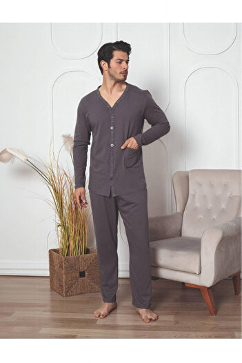 embody Men's cotton buttoned pyjamas, large size, with sleeves and long trousers, grey 3004