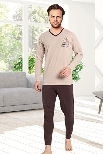 embody Men's cotton pyjamas, with sleeves and long trousers, royal print, brown 500