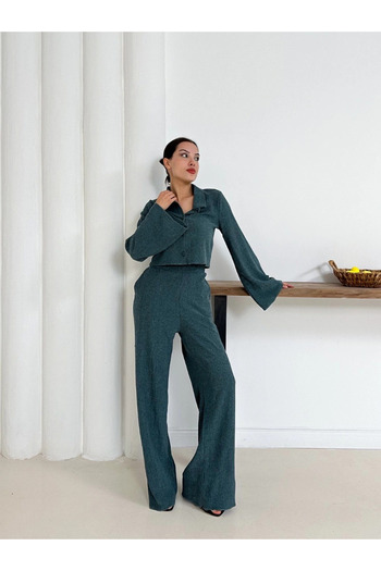 Zerenyus Shirt Collar Covered Button Suit Petrol Green