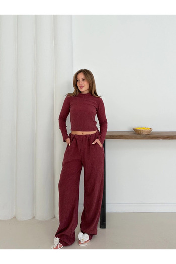 Zerenyus Turtleneck Knitted Top and Bottom Set Burgundy