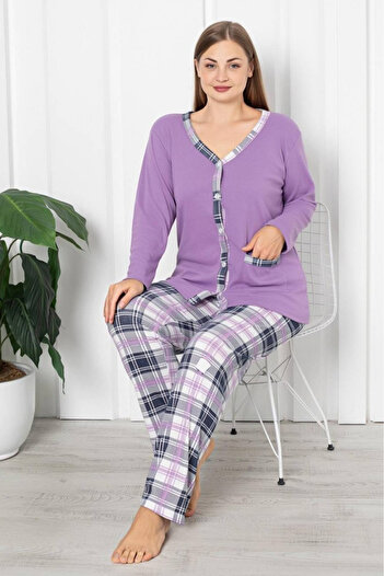 embody Interlok cotton pyjamas for women, large size, with pocket and buttons, purple 2042