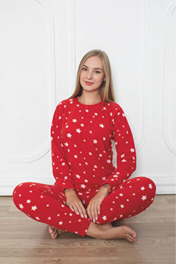 embody Lady's cocolino pyjamas, soft polar fleece, Christmas stars print, red 507