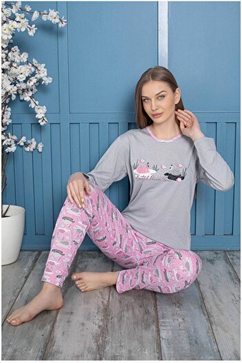 embody Women's cotton pyjamas, comfortable, with beautiful print, grey/pink 805