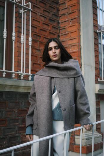 NİLİST Shawl Detailed Cashmere Brown Coat Jacket