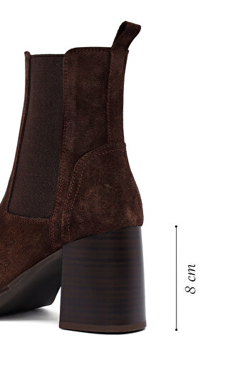 Derimod Women's Brown Thick Heeled Suede Leather Boots 25Wfd151810
