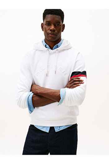Tommy Hilfiger Men's Regular Fit Sleeve Th Signature Stripe Pattern Hooded Cotton Long Sleeve White Sweatshirt Mw0Mw4047
