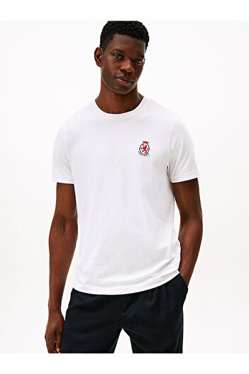 Tommy Hilfiger Men's Regular Fit Round Neck Logo Embossed 100% Cotton Short Sleeve White T-Shirt Mw0Mw40024-Y