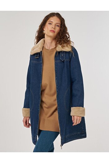 Kayra Fur Collar Denim Coat Dark Navy Blue