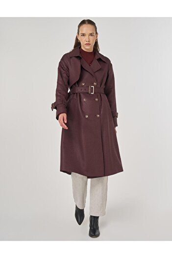 Kayra Buckle Detailed Embossed Trench Coat Dark Burgundy