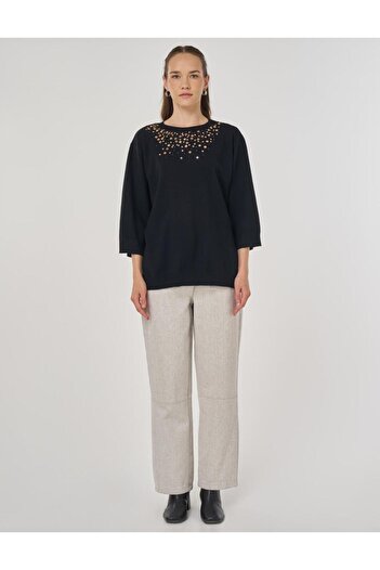 Kayra Sequin Embroidered Knitwear Tunic Black