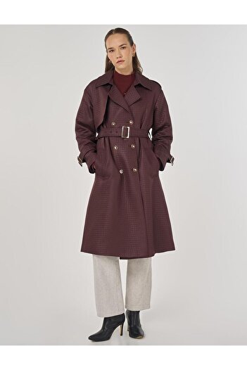 Kayra Buckle Detailed Embossed Trench Coat Dark Burgundy