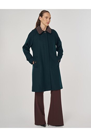 Kayra Leather Collar Cashmere Coat Dark Green