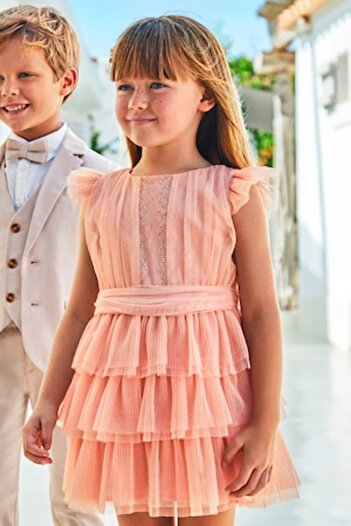 MAYORAL - Layered short-sleeve dress, Salmon Pink, 122 CM