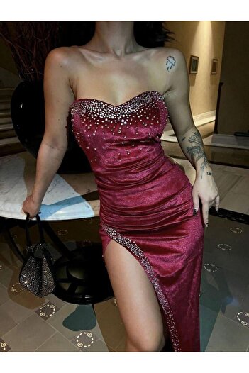 Modafeminen Stone Strapless Slit Velvet Evening Dress 583052 Bordo