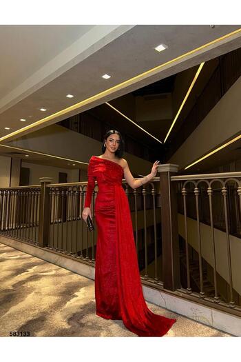 Modafeminen Glitter One Shoulder Long Evening Dress 583133 Red