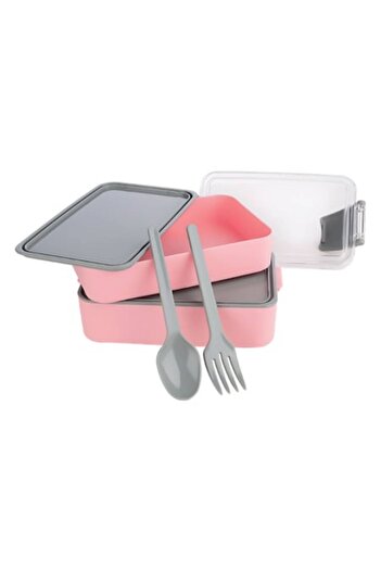 SHOPIENS MYONNA Double Lunch Box Set 0.9L (Pink/Grey) with Fork & Spoon, BPA-Free