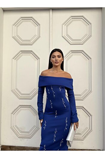 Modafeminen Stone Detailed Strapless Neckline Scuba Fabric Long Sleeve Dress Saks 583350