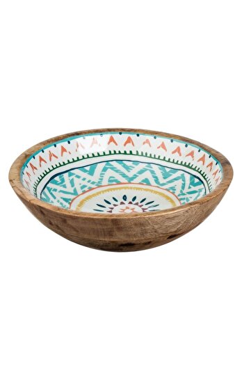 SHOPIENS Enamelled Wooden Bowl, Aztec Pattern, Multicolor, 25 cm, 540 ml