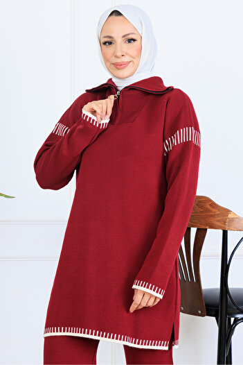 benguen Zippered Collar Stripe Detail Knitwear Set S1061 Claret Red