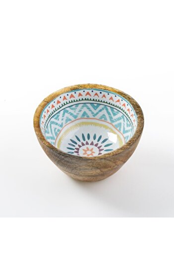 SHOPIENS Enameled Wooden Bowl, Aztec Pattern, Multicolor, Ø13cm × H7cm, 480ml