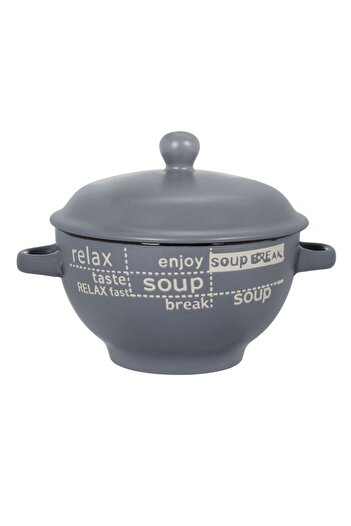 SHOPIENS Ceramic Soup Bowl with Lid, Model 'SOUP', Grey, 0.65L