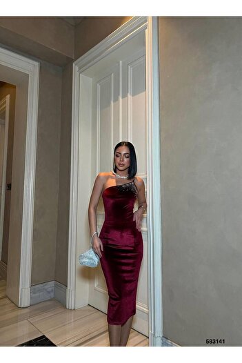 Modafeminen Stone Strap Midi Velvet Dress 583141 Claret Red