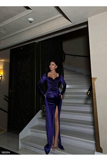 Modafeminen Long Sleeve Velvet Dress with Slit Detail 582294 Light Purple