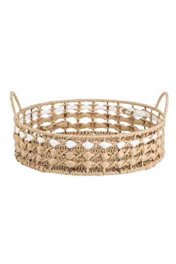 SHOPIENS Round Woven Tray, Metal and Paper, Color with White Stripe, 30x8cm, Side Handles